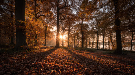A forest path is bathed in golden sunlight during the fall season.の素材