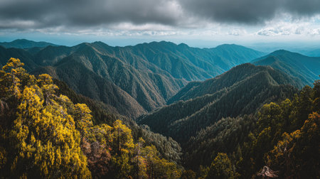 A vast expanse of forested mountain ranges stretches under a cloudy sky.の素材