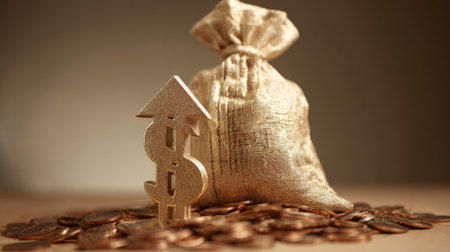 A golden money bag and upward arrow signify financial growth.の素材