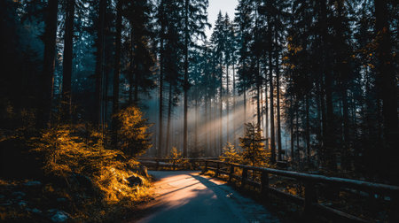 Sunbeams illuminate a path through a dense, misty forest.の素材