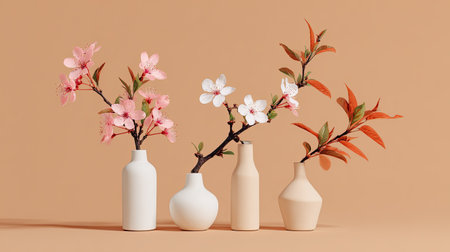 Floral and leaf branches displayed in simple vases against a neutral backdrop.の素材