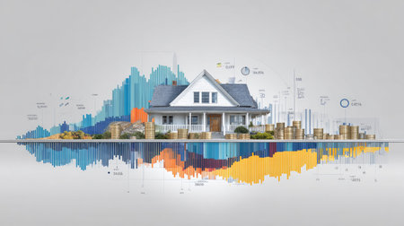 Conceptual image showing a house surrounded by financial data and currency.の素材