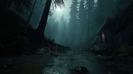 A dimly lit cabin sits beside a flowing stream in a misty forest.の素材