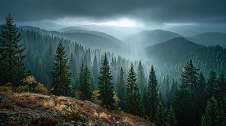Misty sunlight illuminates a dense evergreen forest across rolling hills.の素材