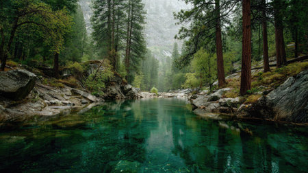 A serene forest scene with a clear turquoise river and lush vegetation.の素材