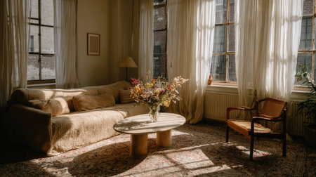 A sunlit living room featuring a sofa, armchair, coffee table, and floral decor.の素材