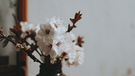 Delicate white flowers and brown leaves are arranged in a dark vase.の素材