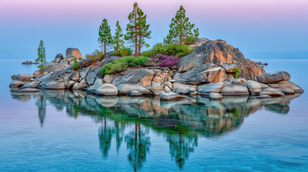 A small rocky island with trees and flowers is reflected in a tranquil lake.の素材