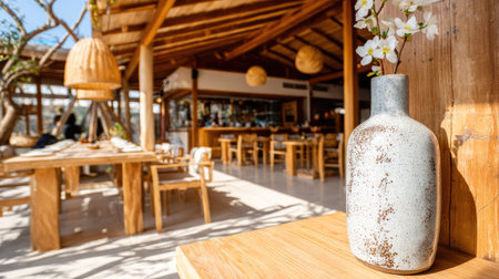 A bright and airy restaurant interior with natural wood accents and a vase of flowers.の素材