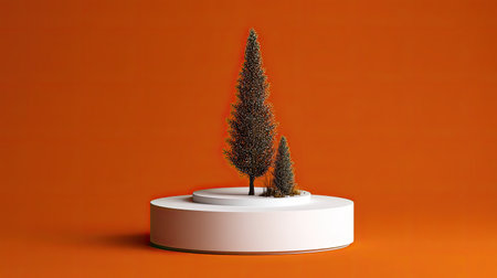 Miniature trees are displayed on a white stage against an orange background.の素材