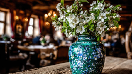 A vase of white blossoms sits on a wooden table inside a dimly lit restaurant.の素材