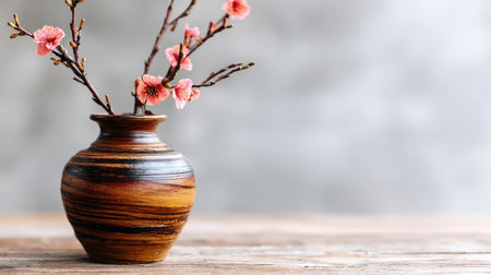 Branches with delicate pink blossoms in a textured ceramic vase.の素材