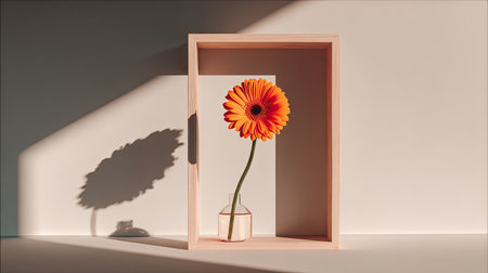 A single orange gerbera daisy sits in a glass vase within a wooden frame.の素材