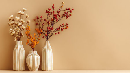 Vases holding dried floral elements stand against a neutral background.の素材