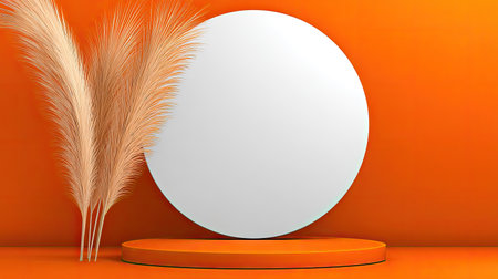 A minimal scene featuring a round display podium and dried plants.の素材