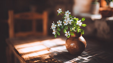 White blossoms in a rustic vase rest on a textured table.の素材