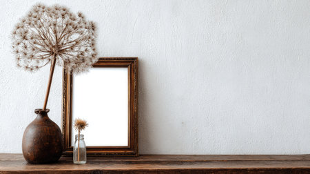 Rustic shelf holds a vase with a dried plant and an empty picture frame.の素材