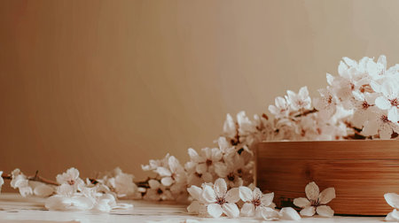 Delicate white blossoms are arranged around a rustic wooden container.の素材