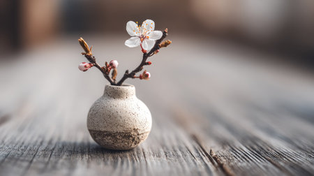 A single blooming branch with pink buds sits in a small vase.の素材