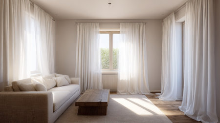 A bright, minimalist living room featuring a sofa, coffee table, and sheer white curtains.の素材