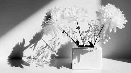 White flowers and delicate blossoms in a modern vase cast sharp shadows.の素材