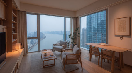 A modern apartment interior featuring comfortable seating and a dining area overlooking a cityscape.の素材