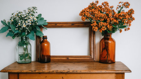 A still life arrangement featuring flowers in bottles and a wooden frame.の素材