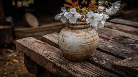 A rustic ceramic vase with white blossoms sits on weathered wooden planks.の素材