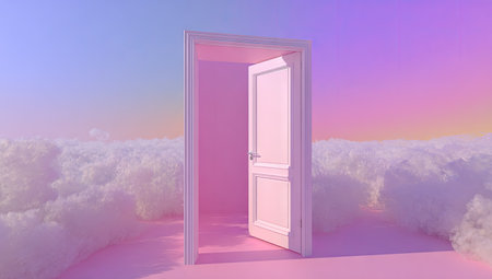 Soft pink room with a white door opening into a landscape of fluffy white clouds against a pastel sky. The colors are gentle and dreamy, creating a sense of wonder and possibility.の素材