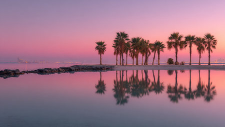 Serene coastal scene featuring palm trees lining a tranquil beach, with the soft pink hues of a sunrise reflected flawlessly in the calm water.の素材