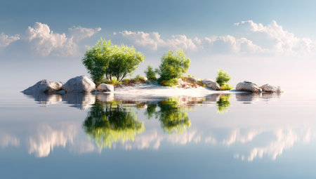 Tranquil island scene with lush trees and rocks on the shore. The water perfectly reflects the serene landscape, creating a calm and peaceful atmosphere.  The sky is a soft blue with fluffy clouds, adding to the tranquil ambiance.の素材