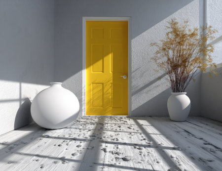 Bright and airy interior scene features a minimalist design with a yellow door, a white vase holding dried plant stalks, and a light gray textured wall. The wooden floor, light-gray, is detailed with natural wood patterns and small specks.  Sunlight casts gentle shadows across the floor.の素材
