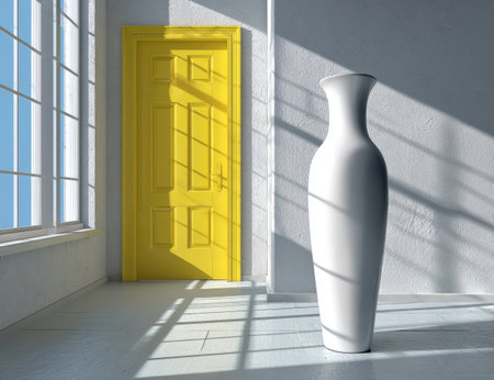 Brightly lit interior room featuring a single yellow door and a tall white vase placed near a wall. Sunlight casts shadows on the floor and wall, creating a sense of depth and dimension in the image.の素材