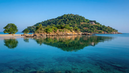 Tranquil bay with crystal-clear waters, showcasing a perfect reflection of the lush greenery and the tropical island's landscape. The scene is serene and inviting, featuring a pristine beach and rocks along the coast.の素材