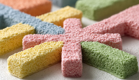 Close-up view of multiple colorful, textured blocks arranged in a starburst pattern.  The blocks have a rough, pebbled texture and are in various shades of pastel colors, including yellow, pink, orange, blue, and green. The blocks are arranged in a way that creates a visually appealing starburst effect.の素材