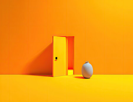 Minimalist scene with a bright orange wall, an open yellow door, and a light gray vase on a plain orange floor.の素材