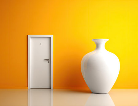 Simple, modern interior scene with a large white vase placed against a bright orange wall. A white door is situated in the middle of the composition, adding a touch of minimalism to the scene.  The overall impression is one of a clean, empty space perfect for showcasing different home design elements.の素材