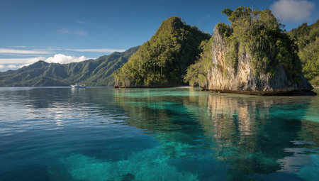 Serene view of a tropical bay with clear turquoise water, reflecting the lush green islands and mountains surrounding it. A small boat is visible in the distance.の素材