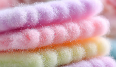 Close-up image of multicolored felt, showcasing its soft texture and vibrant pastel shades. The felt pieces are layered on top of each other, creating a gradient of colors. The image emphasizes the detailed texture and soft appearance of the felt.の素材