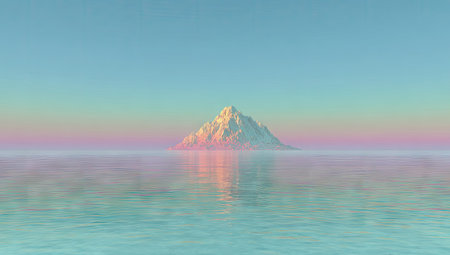 Solitary island peak rises from a calm body of water, the scene is set with a pastel colored sky and water. The colors are gentle and dreamlike, reflecting a serene and tranquil atmosphere.の素材