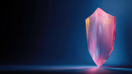 Three-dimensional, geometric, shield-shaped object in a vibrant shade of pink, with a gradient effect, is set against a dark blue background. The object seems to be crafted from glass or crystal, emitting light that creates a luminous effect and reflections on the surface. The lighting and composition produce a modern, artistic visual appeal.の素材