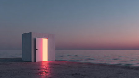 Cube-shaped structure stands on a beach beside a calm ocean at twilight. A vibrant glowing door illuminates the structure, drawing the viewer's eye to the serene scene. The colors are soft and pastel, creating a peaceful and contemplative atmosphere.の素材