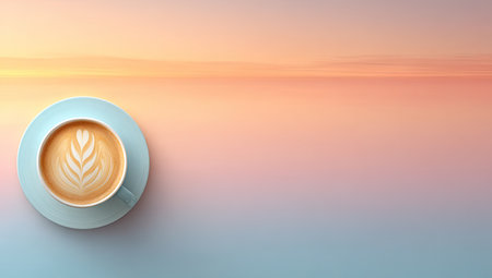 Cup of coffee with latte art on a light-blue saucer, situated against a soft-focus, pastel-toned background of a sunrise or sunset sky. The colors blend from pale orange-peach to pale lavender-blue, creating a calming and serene atmosphere. The image is a digital illustration or graphic design, featuring a high degree of detail and clarity.の素材