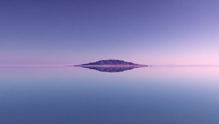 Tranquil scene of a calm body of water mirroring a distant hill against a serene sky.  The colors of the sky and water are soft and muted tones of purple and blue, emphasizing the peaceful and still atmosphere. The horizontal lines of the horizon and water create a sense of balance and harmony.の素材