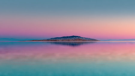 Tranquil lake scene at dawn, featuring a small island mirroring the vibrant colors of the sunrise.  The water is perfectly still, reflecting the pastel hues of the sky, creating a serene and peaceful atmosphere.の素材