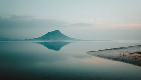 Tranquil landscape view of a mountain mirrored perfectly on a calm body of water. The sky is a soft light blue-grey, and the water reflects the mountain in a serene and peaceful way. The water and sky blend seamlessly in a soft, hazy light, creating a quiet and peaceful atmosphere.の素材