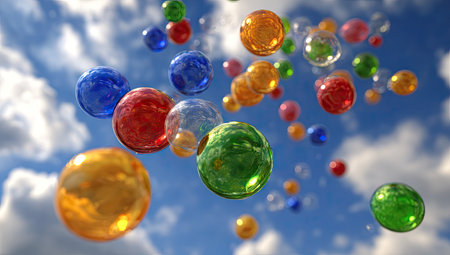 Digital graphic image of numerous, colorful, glossy spheres, reminiscent of glass bubbles or marbles, floating in a clear blue sky dotted with soft white clouds. The spheres exhibit various hues, including reds, oranges, yellows, greens, blues, and purples. Their reflective surfaces create a bright, vibrant effect. The image's focus is on the dynamic movement and visual appeal of the floating spheres against the backdrop of the sky and clouds.の素材