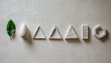 Flat lay composition featuring a green leaf positioned beside various light-cream-colored geometric shapes, including triangles, a rectangle, and a hexagon, arranged on a white textured surface. The shapes have varying surface textures, and the leaf adds a touch of nature to the otherwise abstract design.の素材