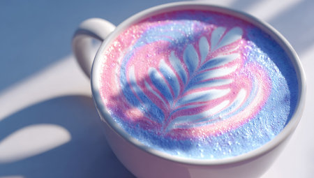 Close-up image of a coffee latte with vibrant pink and blue colored foam art. The latte art design is in the shape of a leaf, showcasing fine details and a blend of colors.の素材