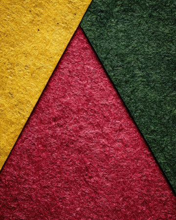 Abstract graphic design featuring three triangular sections of textured paper in yellow, red, and dark green. The paper has a visible grain and texture, which adds a three-dimensional effect. The arrangement of the triangles creates a visual composition.の素材